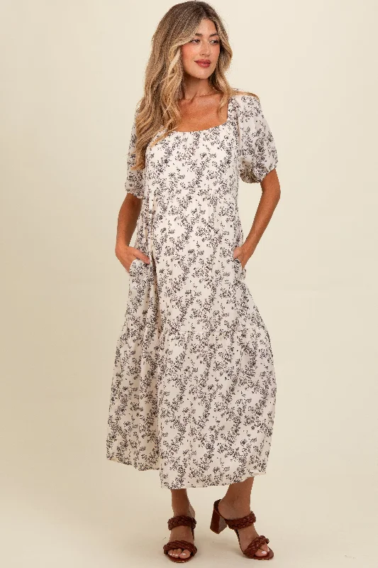 Strapless Women Dress with a Built - in Bra for Comfort and Support Cream Floral Ruffle Hem Maternity Midi Dress Strapless Women Dress with a Built - in Bra for Comfort and Support Cream Floral Ruffle Hem Maternity Midi Dress
