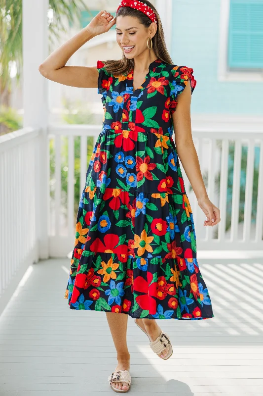 Ruffled Women Dress with Multiple Layers for a Playful and Girly Style Created Beauty Navy Blue Floral Midi Dress