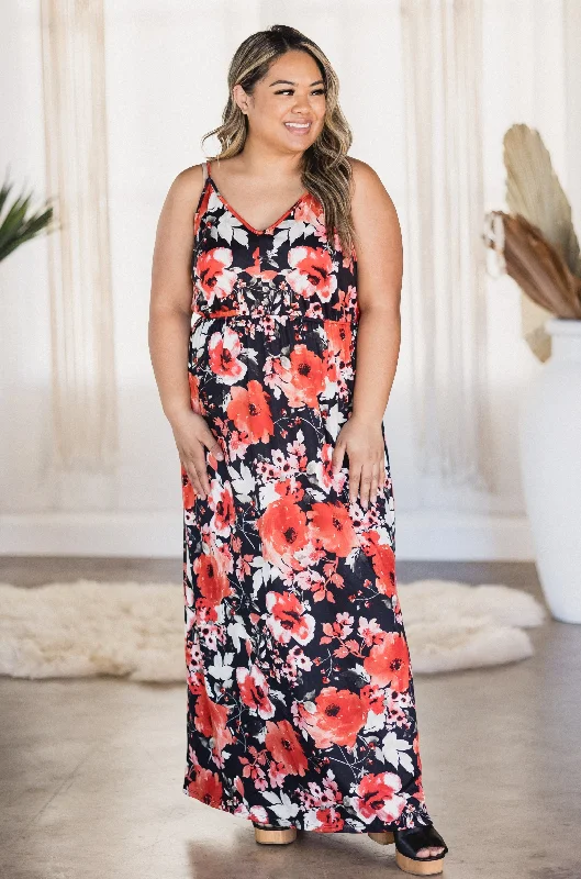 Pleated Women Dress with a Timeless and Elegant Texture Crimson Rose Maxi Dress