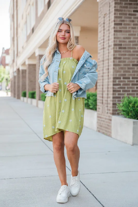 Empire Waist Women Dress to Accentuate the Bust and Conceal the Waist Dance With Me Green Tie Shoulder Floral Mini Dress FINAL SALE