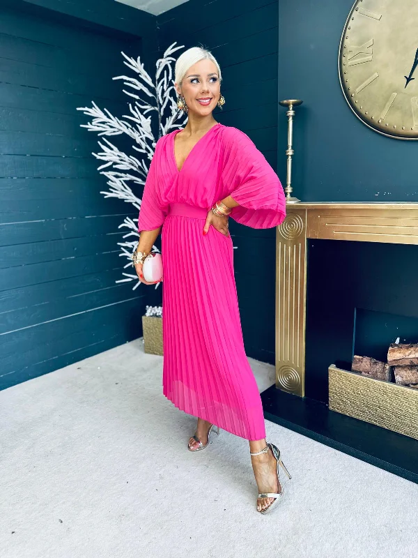 Printed Abstract Women Dress for a Modern and Artistic Appeal Daniella Pleated Midi Dress Cerise