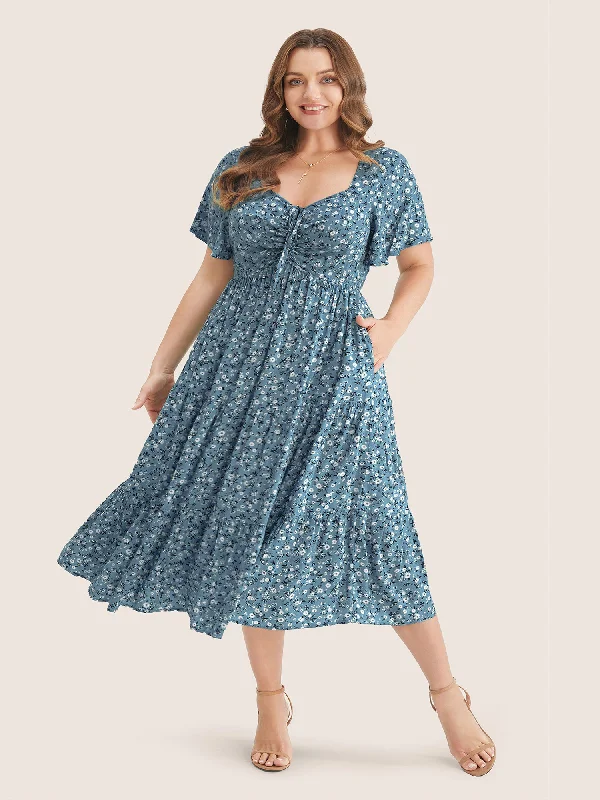 Shift Women Dress with a Simple and Classic Design for Everyday Wear Ditsy Floral Drawstring Ruched Pocket Ruffle Tiered Dress
