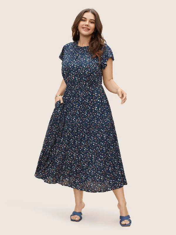 Ball Gown Women Dress with a Full Skirt for a Princess - like Look Ditsy Floral Ruffle Cap Sleeve Dress Ball Gown Women Dress with a Full Skirt for a Princess - like Look Ditsy Floral Ruffle Cap Sleeve Dress