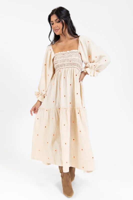Backless Women Dress for a Sexy and Alluring Look at Evening Events Dress To Impress Beige Floral Stitched Smocked Top Dress