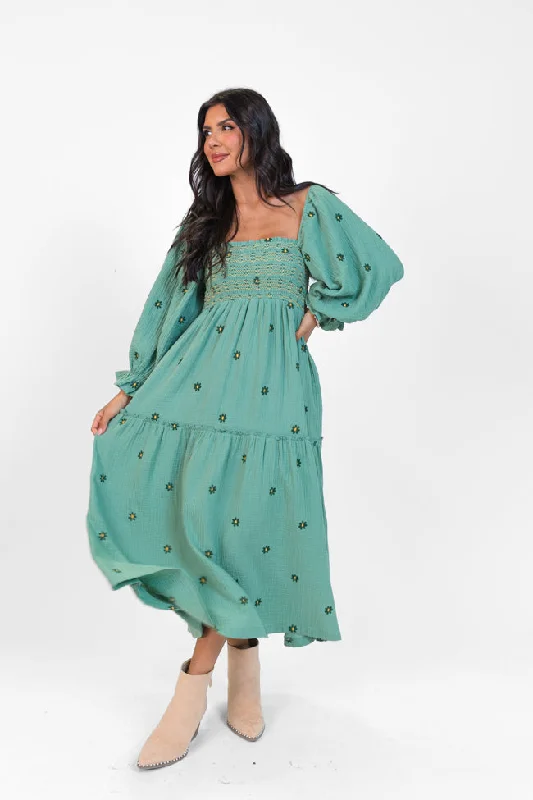 Mermaid - Style Women Dress with a Fitted Silhouette for Special Occasions Dress To Impress Sage Floral Stitched Smocked Top Dress