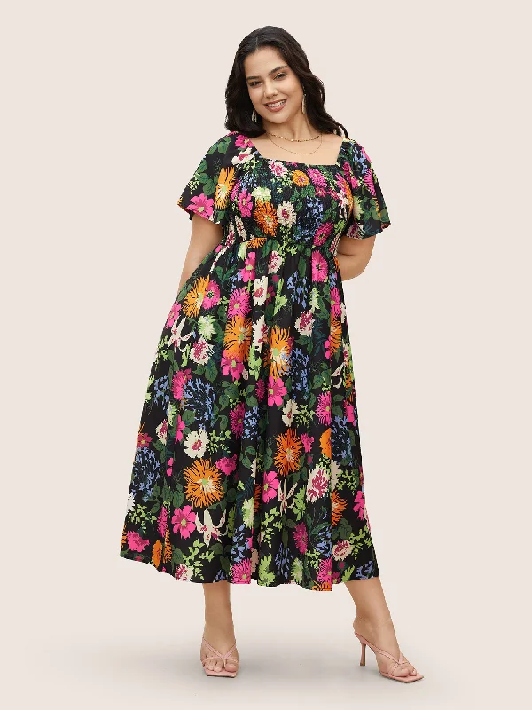 Printed Abstract Women Dress for a Modern and Artistic Appeal Floral Backless Shirred Square Neck Pocket Ruffle Hem Dress