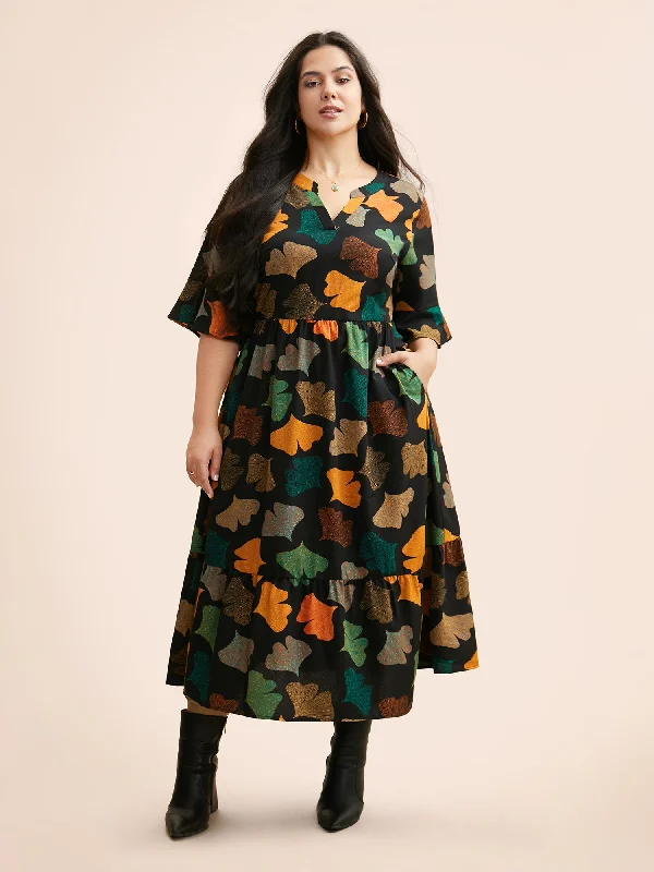 Pleated Women Dress with a Timeless and Elegant Texture Floral Print Notched Ruffle Sleeve Dress