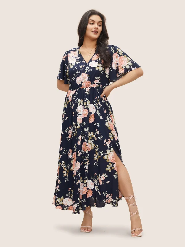 Long - Sleeve Women Dress in Velvet for a Luxurious Winter Look Bloom Dress - Flutter Sleeve Ditsy Floral Pocket Split Maxi Dress