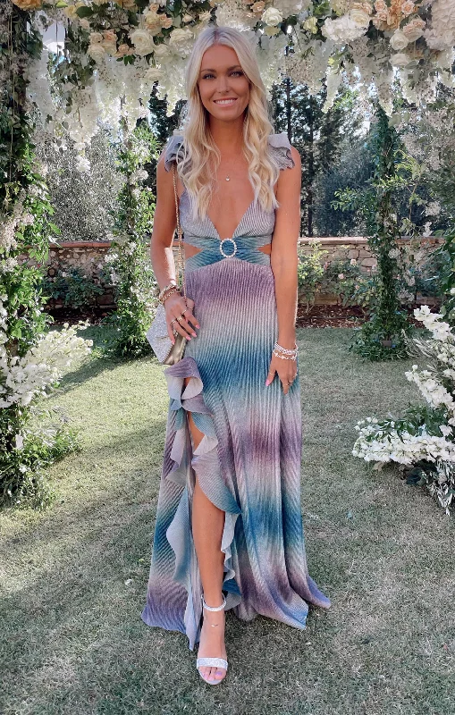 Printed Abstract Women Dress for a Modern and Artistic Appeal Francie Ruffle Dress ~ Ombre Metallic Crinkle