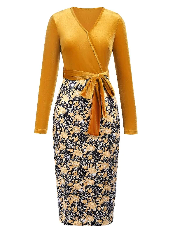 Plus Size Women Dress with a Flattering A - Line Cut for Comfort and Style Gold 1960s Floral Patchwork Wrap Belted Dress Plus Size Women Dress with a Flattering A - Line Cut for Comfort and Style Gold 1960s Floral Patchwork Wrap Belted Dress
