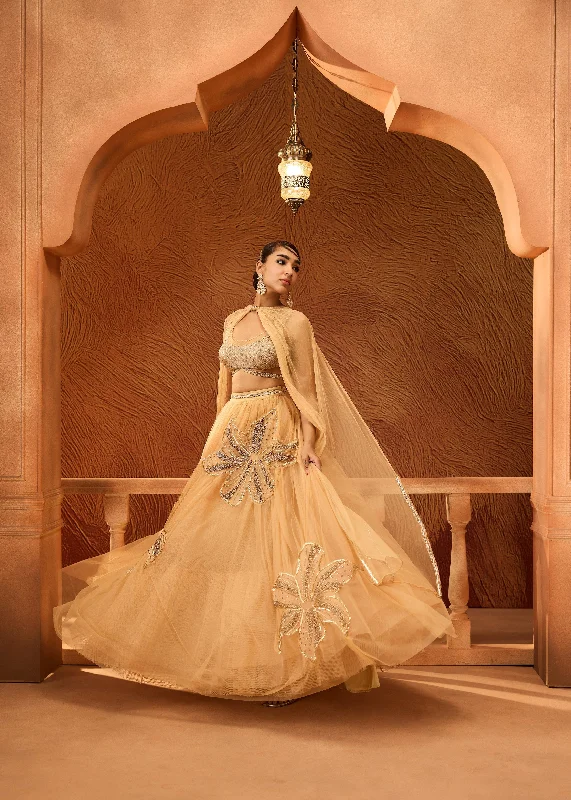 Long - Sleeve Women Dress in Velvet for a Luxurious Winter Look Aavani Gold Floral Embroidered Lehenga with Twisted Dupatta