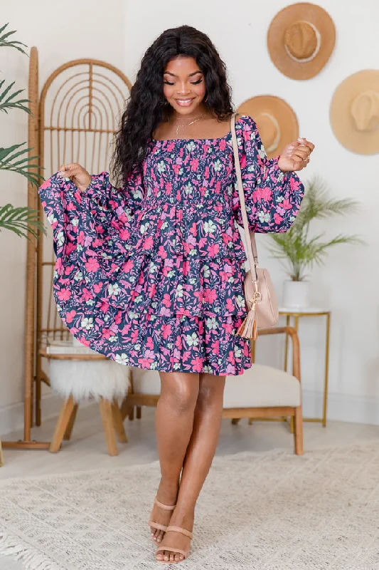 Pleated Women Dress with a Timeless and Elegant Texture Graceful Appearance Navy Multi Color Smocked Mini Dress FINAL SALE
