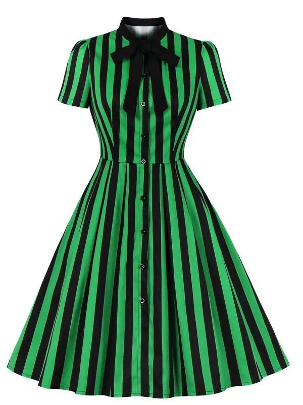 Maxi Women Dress with Floral Print for a Bohemian Vibe Green 1950s Tie Neck Button Black Stripes Dress