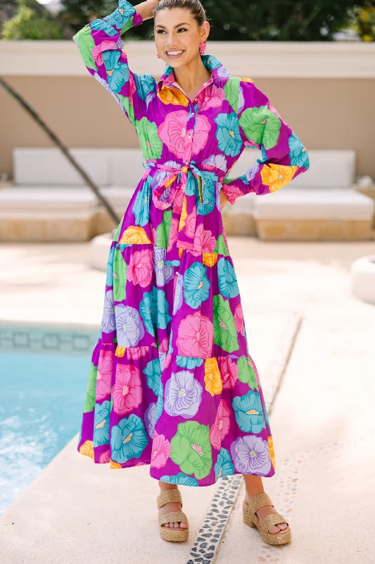 Ruffled Women Dress with Multiple Layers for a Playful and Girly Style Hear You Out Purple Floral Maxi Dress