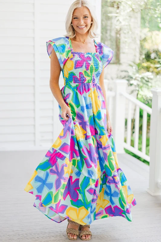 Sleeveless Women Dress in Bright Colors for Summer Parties Let's Get Loud Blue Floral Maxi Dress