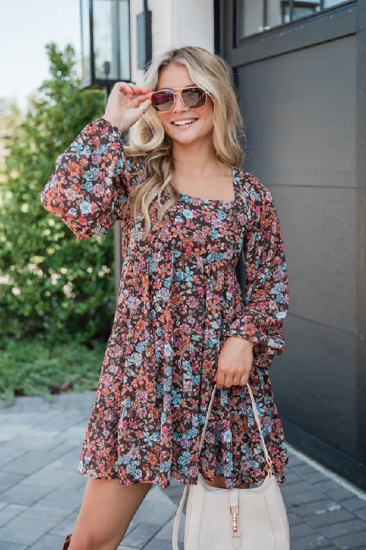 Mermaid - Style Women Dress with a Fitted Silhouette for Special Occasions Let's Keep Going Brown Multi Square Neck Printed Long Sleeve Mini Dress