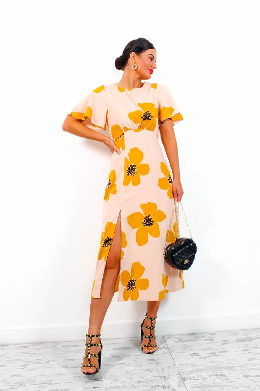 Strapless Women Dress with a Built - in Bra for Comfort and Support Lets Split - Mustard Floral Print Midi Dress