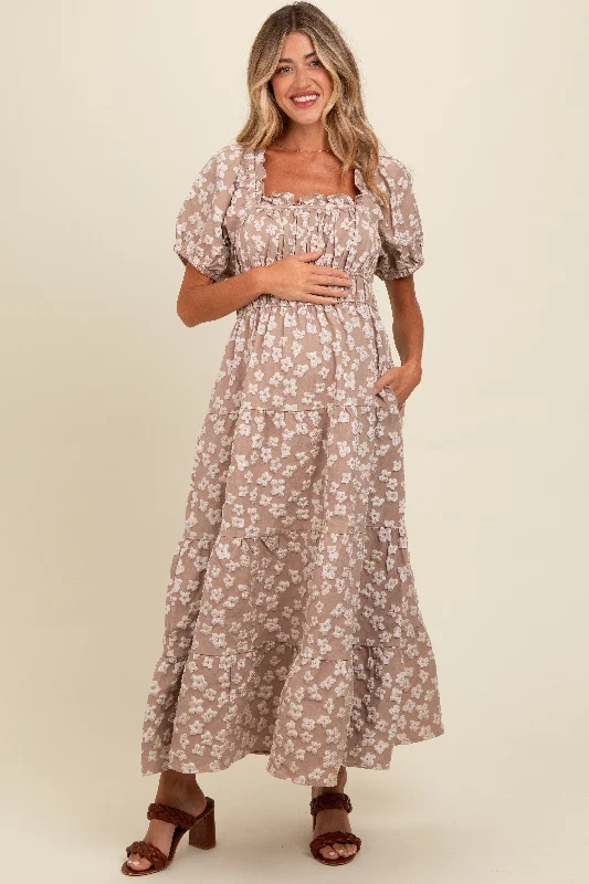 Printed Abstract Women Dress for a Modern and Artistic Appeal Light Mocha Floral Applique Tiered Maternity Maxi Dress