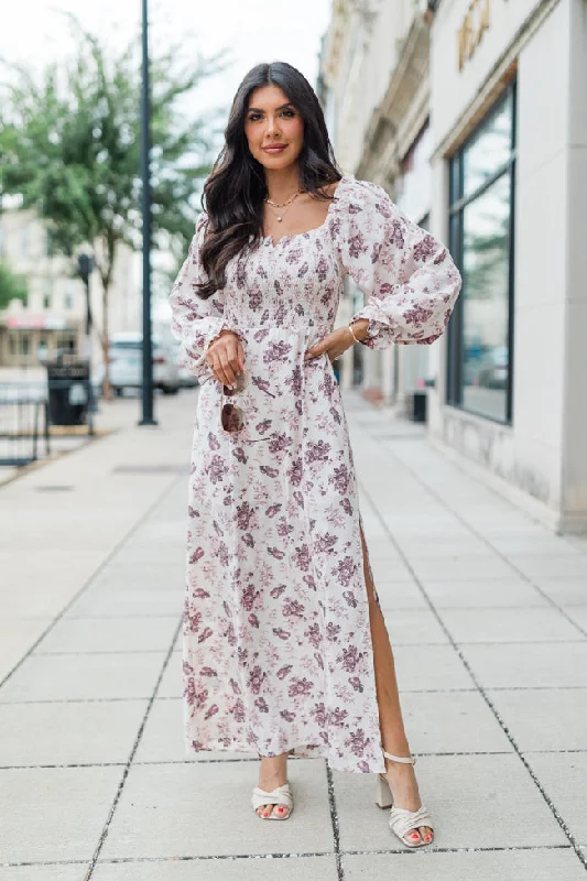 Shift Women Dress with a Simple and Classic Design for Everyday Wear Look Into My Eyes Purple Smocked Detail Printed Maxi Dress