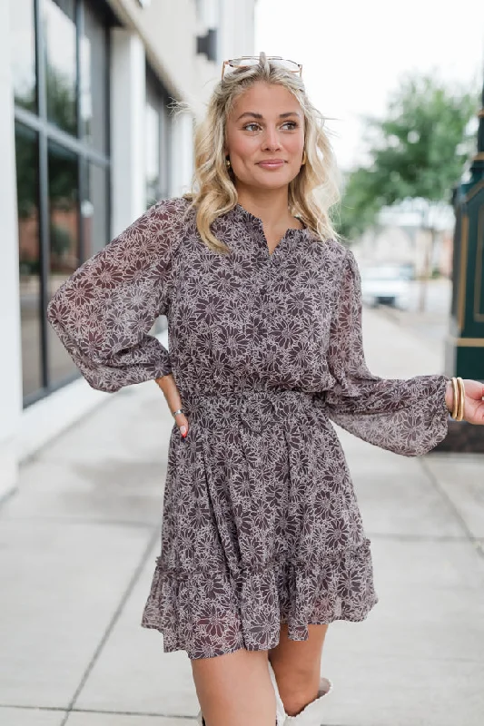 Plus Size Women Dress with a Flattering A - Line Cut for Comfort and Style Love You True Brown Floral Print Collared Dress
