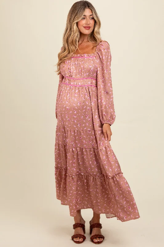 Sleeveless Women Dress in Bright Colors for Summer Parties Mauve Satin Floral Pleated Tiered Maternity Maxi Dress
