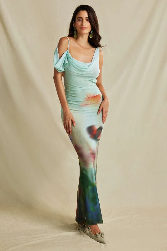 Little Black Women Dress with Sequins for a Glamorous Night Out Tie Dye Mesh Backless Asymmetric Cowl Neck Maxi Dress