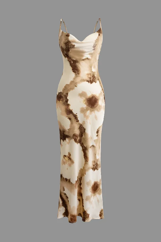 Halter Neck Women Dress to Show Off the Shoulders and Neckline Floral Print Cowl Neck Slip Maxi Dress