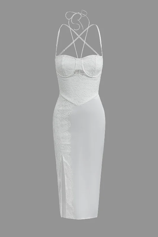 Long - Sleeve Women Dress in Velvet for a Luxurious Winter Look Floral Embroider Lace Crossed Backless Bustier Midi Dress