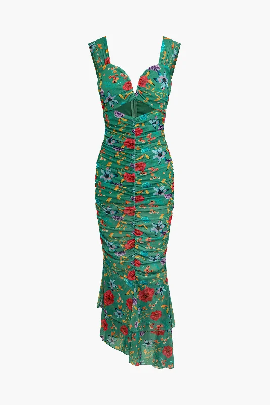 Ball Gown Women Dress with a Full Skirt for a Princess - like Look Floral Print Cut Out Ruched Midi Dress