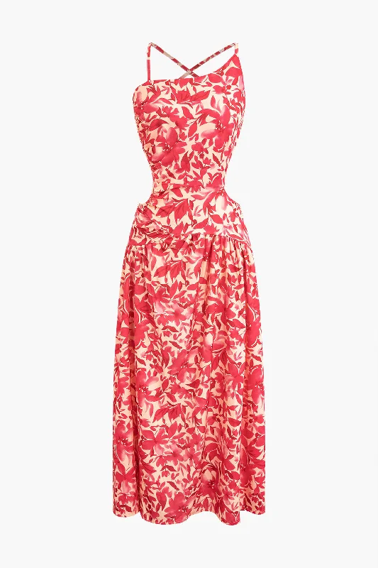 Little Black Women Dress with Sequins for a Glamorous Night Out Floral Print Criss Cross Backless Slit Midi Dress