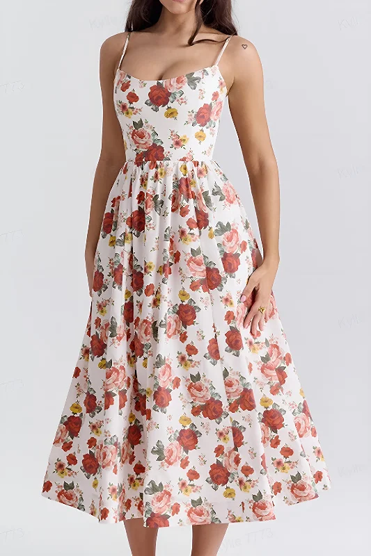 Sleeveless Women Dress in Bright Colors for Summer Parties Floral Print Spaghetti Strap Bustier Midi Dress