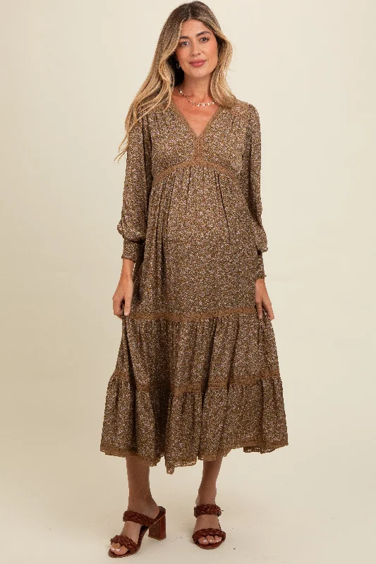 Little Black Women Dress with Sequins for a Glamorous Night Out Mocha Floral Lace Trim Bubble Sleeve Maternity Maxi Dress