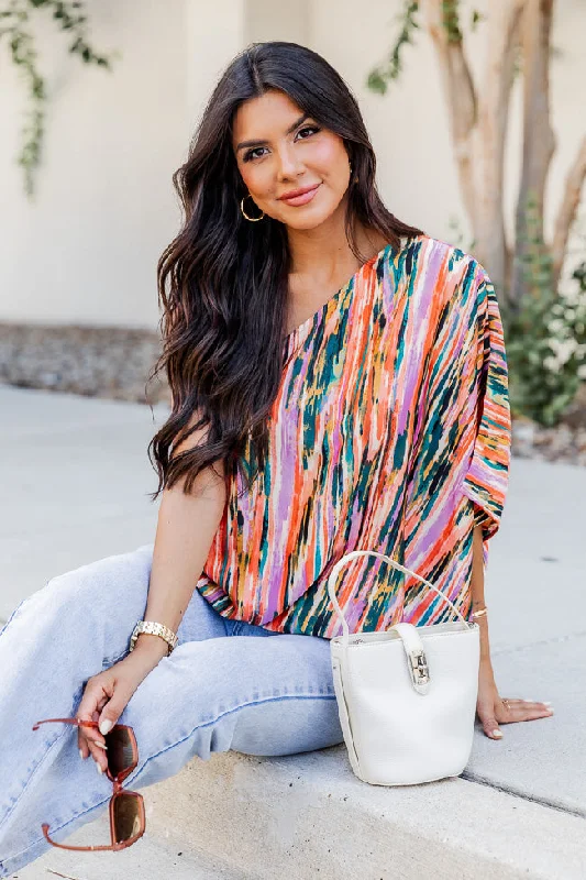 Off - the - Shoulder Women Dress for a Romantic and Feminine Look All Dressed Up Multi Printed Satin One Shoulder Blouse FINAL SALE