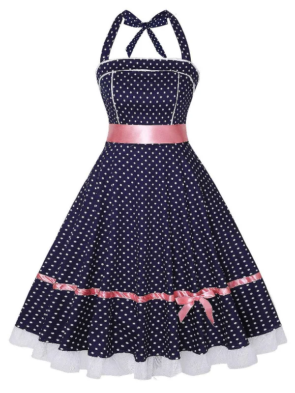 Ball Gown Women Dress with a Full Skirt for a Princess - like Look Navy Blue 1950s Polka Dot Halter Dress