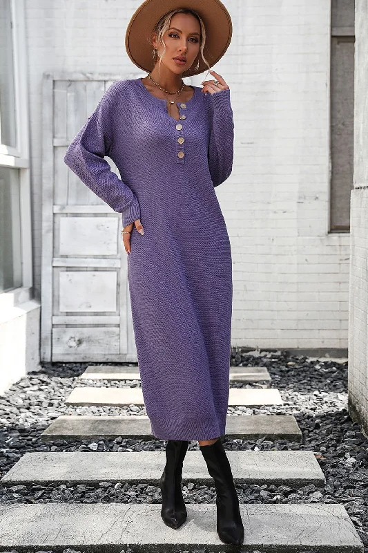 Wrap - Style Women Dress with Adjustable Fit for All Body Types Notched Neck Dropped Shoulder Button-Down Midi Dress