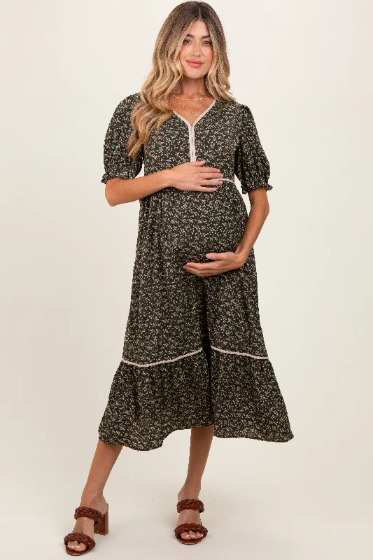 Wrap - Style Women Dress with Adjustable Fit for All Body Types Olive Floral Puff Sleeve Ruffle Hem Maternity Midi Dress
