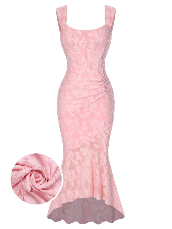 Long - Sleeve Women Dress in Velvet for a Luxurious Winter Look Pink 1930s Printed Textured Fishtail Strapless Dress Long - Sleeve Women Dress in Velvet for a Luxurious Winter Look Pink 1930s Printed Textured Fishtail Strapless Dress