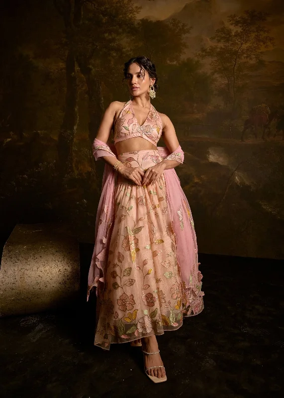 Empire Waist Women Dress to Accentuate the Bust and Conceal the Waist Adishri Peach Halter-Neck Embroidered Lehenga Empire Waist Women Dress to Accentuate the Bust and Conceal the Waist Adishri Peach Halter-Neck Embroidered Lehenga