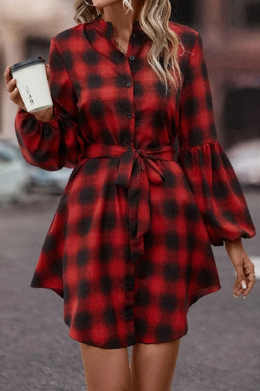 Mermaid - Style Women Dress with a Fitted Silhouette for Special Occasions Plaid Tie Waist Balloon Sleeve Mini Dress