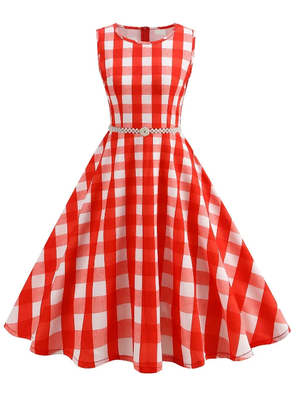 Little Black Women Dress with Sequins for a Glamorous Night Out Red 1950s Plaid Sleeveless Swing Dress With Belt