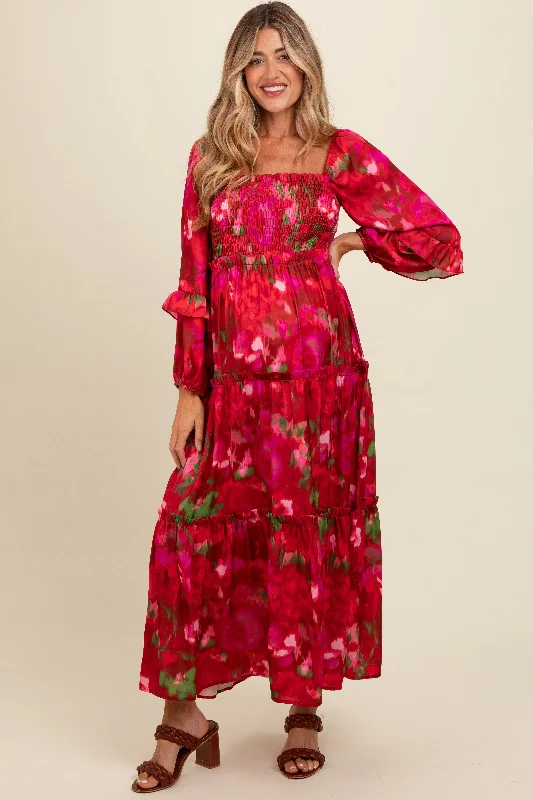 Lace - Embellished Women Dress for an Elegant and Sophisticated Appearance Red Satin Floral Smocked Ruffle Tier Maternity Maxi Dress Lace - Embellished Women Dress for an Elegant and Sophisticated Appearance Red Satin Floral Smocked Ruffle Tier Maternity Maxi Dress