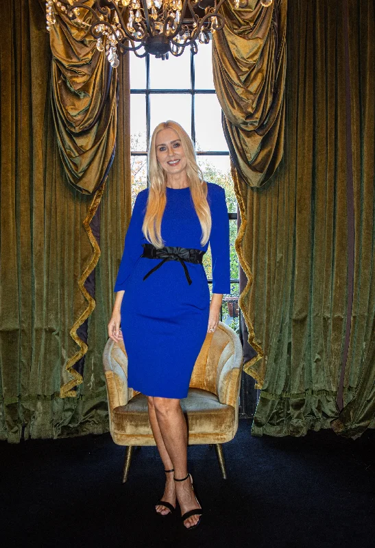 Pleated Women Dress with a Timeless and Elegant Texture Royal Blue Faux Belted Dress