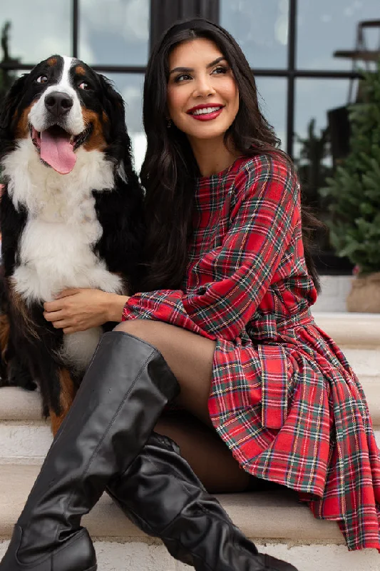 Mini Women Dress with a Short Hem for a Young and Trendy Style Snowball Effect Red Plaid Tie Belt Mini Dress