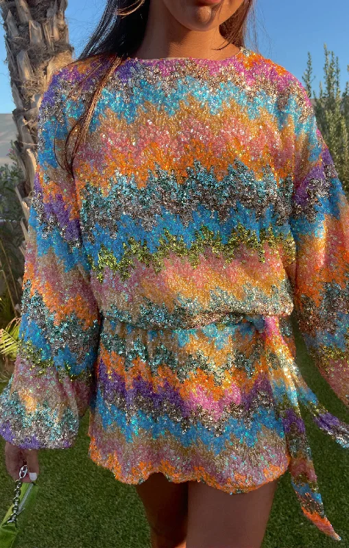 Sleeveless Women Dress in Bright Colors for Summer Parties Sure Thing Mini Dress ~ Wavy Sequins