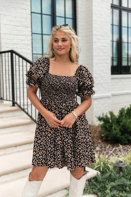 Mini Women Dress with a Short Hem for a Young and Trendy Style When I Found You Black Knit Smocked Print Dress