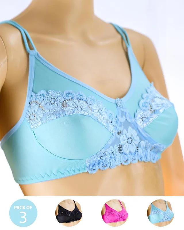 Women's bras crafted from stretchy spandexWomen's bras crafted from stretchy spandexPack of 3 - Madam Bra - BOE - Non Padded, Non Wired Bra, Soft Jersey Cotton Lace Bra Women's bras crafted from stretchy spandexWomen's bras crafted from stretchy spandexPack of 3 - Madam Bra - BOE - Non Padded, Non Wired Bra, Soft Jersey Cotton Lace Bra