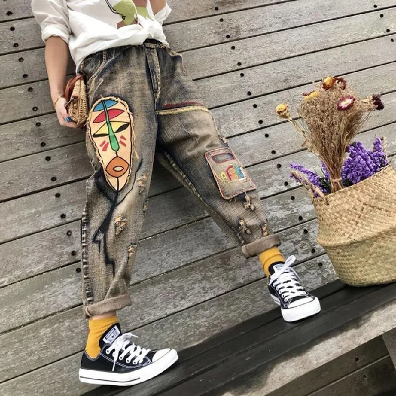 Women's pants for garden parties Colored women jeans in vibrant hues like red and yellow Afrika Patchwork Handmade Hipster Jeans