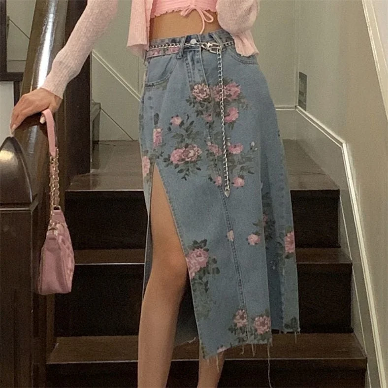 Women's corduroy fall pants Dark - wash women jeans for a sophisticated and slimming effect Alyssa Floral Split Denim Skirt