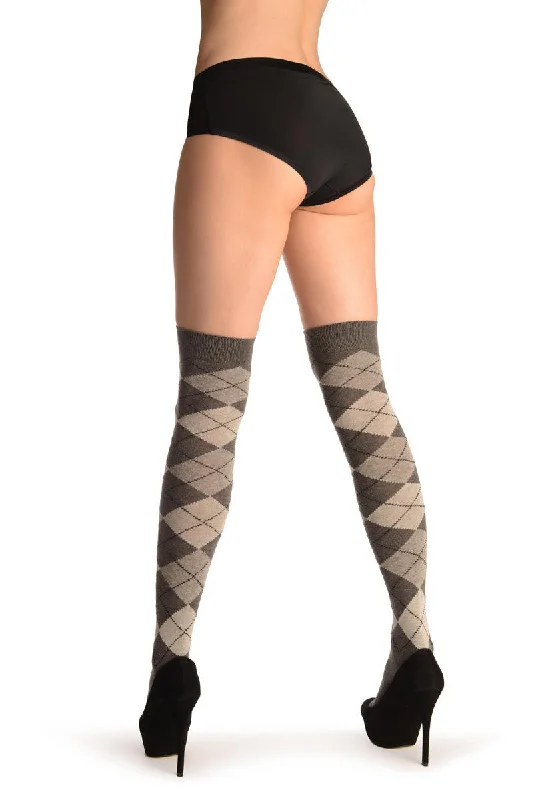 Women's over - the - calf socks with a stripe designArgyle Grey & Dark Grey