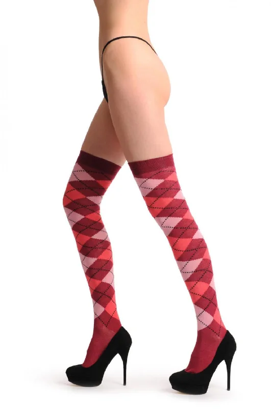 Women's silk - lined socks for a luxurious feelArgyle Light Pink Pink & Dark Red
